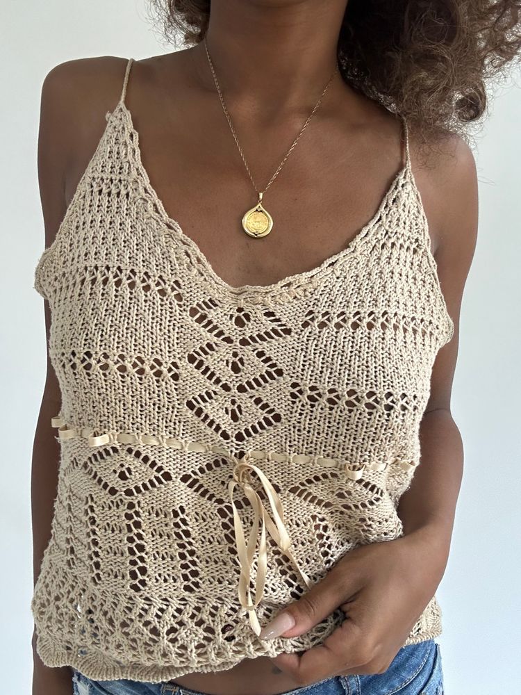 euro trash | small beige crochet cami top image 6