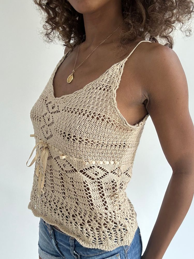 euro trash | small beige crochet cami top image 3