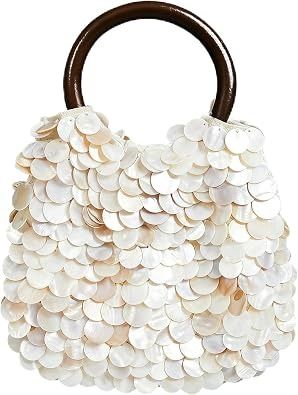 White Sequin Handbag With Wooden Handles image 1