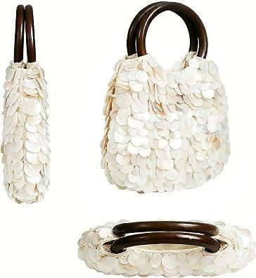 Immagine di White Sequin Handbag With Wooden Handles 2