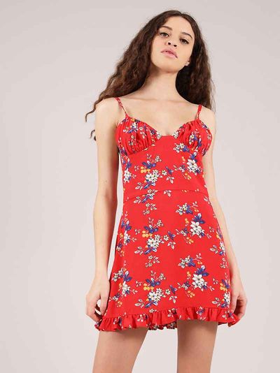 Flower Power Mini Dress, Upcycled Viscose, in Red Flower Print