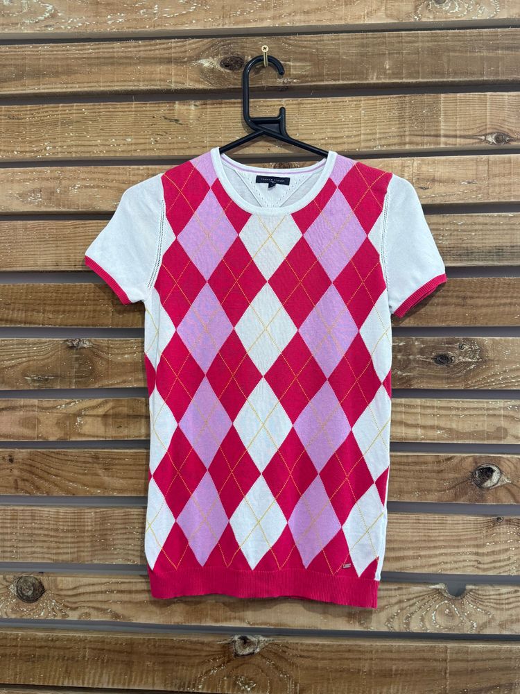 Vintage 90s Tommy Hilfiger argyle crewneck cotton jumper/ sweater. Pink. Size Small. image 1