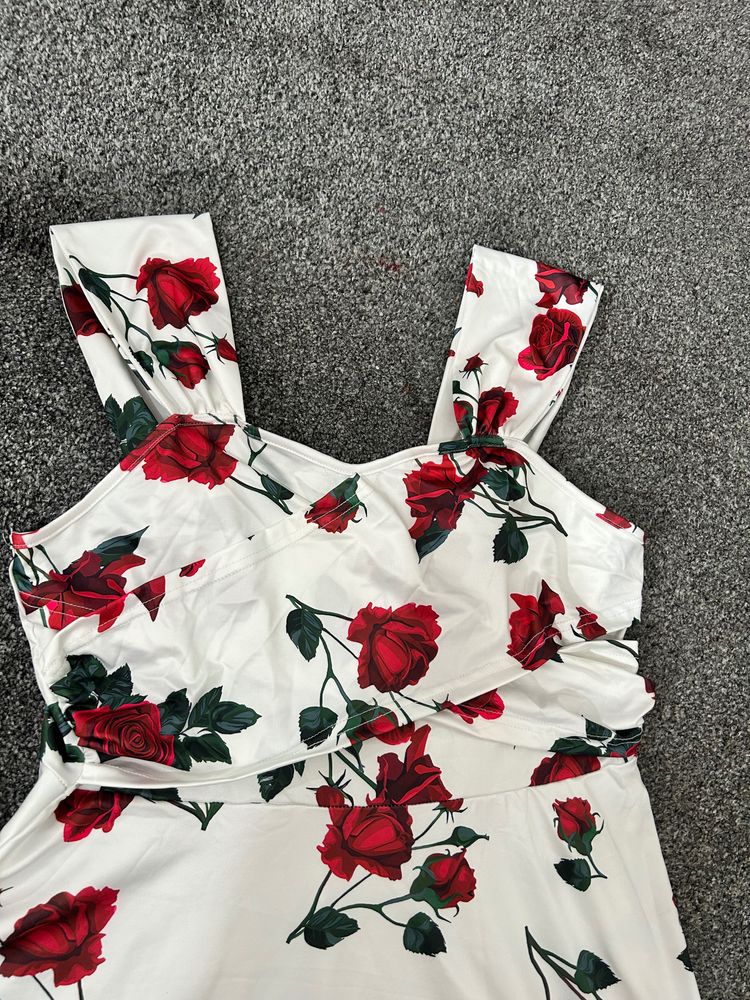 White Dress With Red Rose Print 5