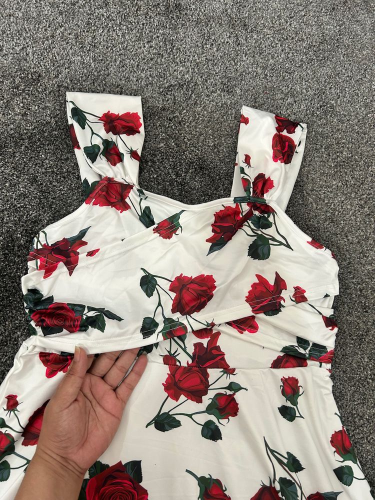White Dress With Red Rose Print 2