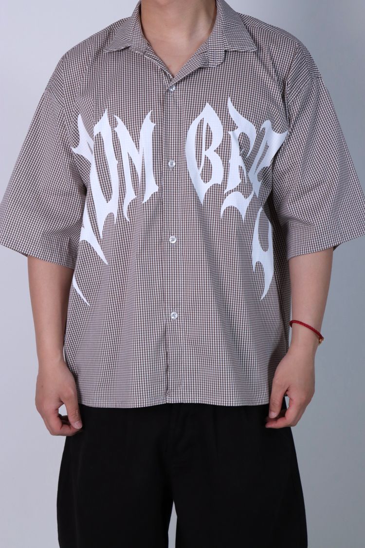 Checked Short Sleeve Shirt With White Graphic Text