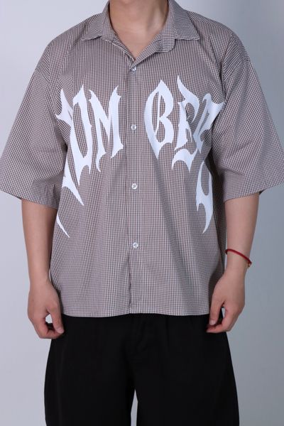 Checked Short Sleeve Shirt With White Graphic Text