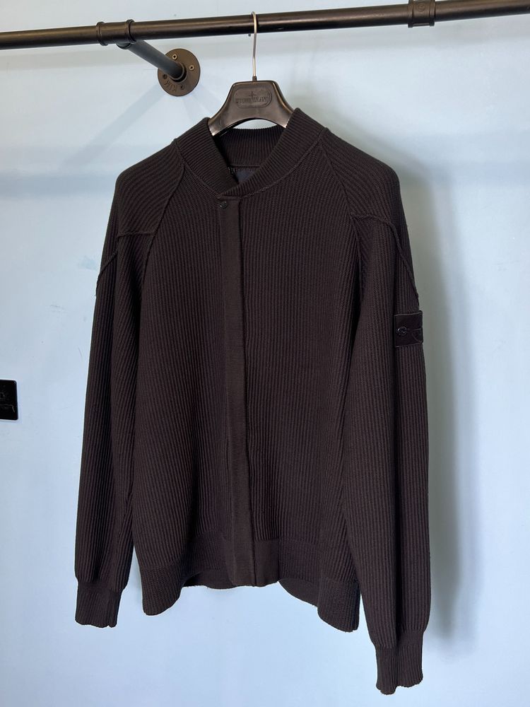 Large Stone Island Ghost Navy Blue Ribbed Cardigan Bomber Jumper