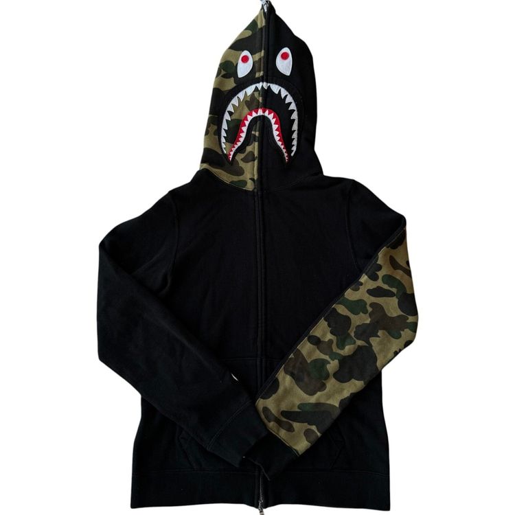 A Bathing Ape BAPE 1st camo green black shark full zip hoodie image 1