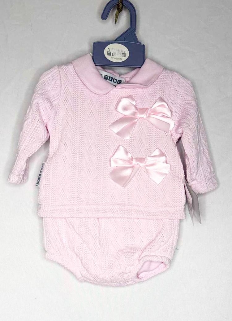 Pink Knitted Baby Romper Set With Bows image 1