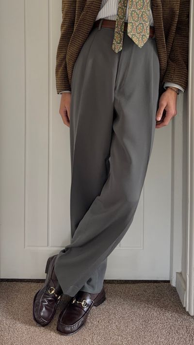 Armani 1990s Draped Wool Pleated Pants Taupe Sage - Size 39 Waist