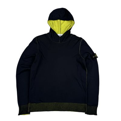 Stone Island 2021 Navy/Yellow Cotton Knit Lightweight Hooded Jumper - Medium