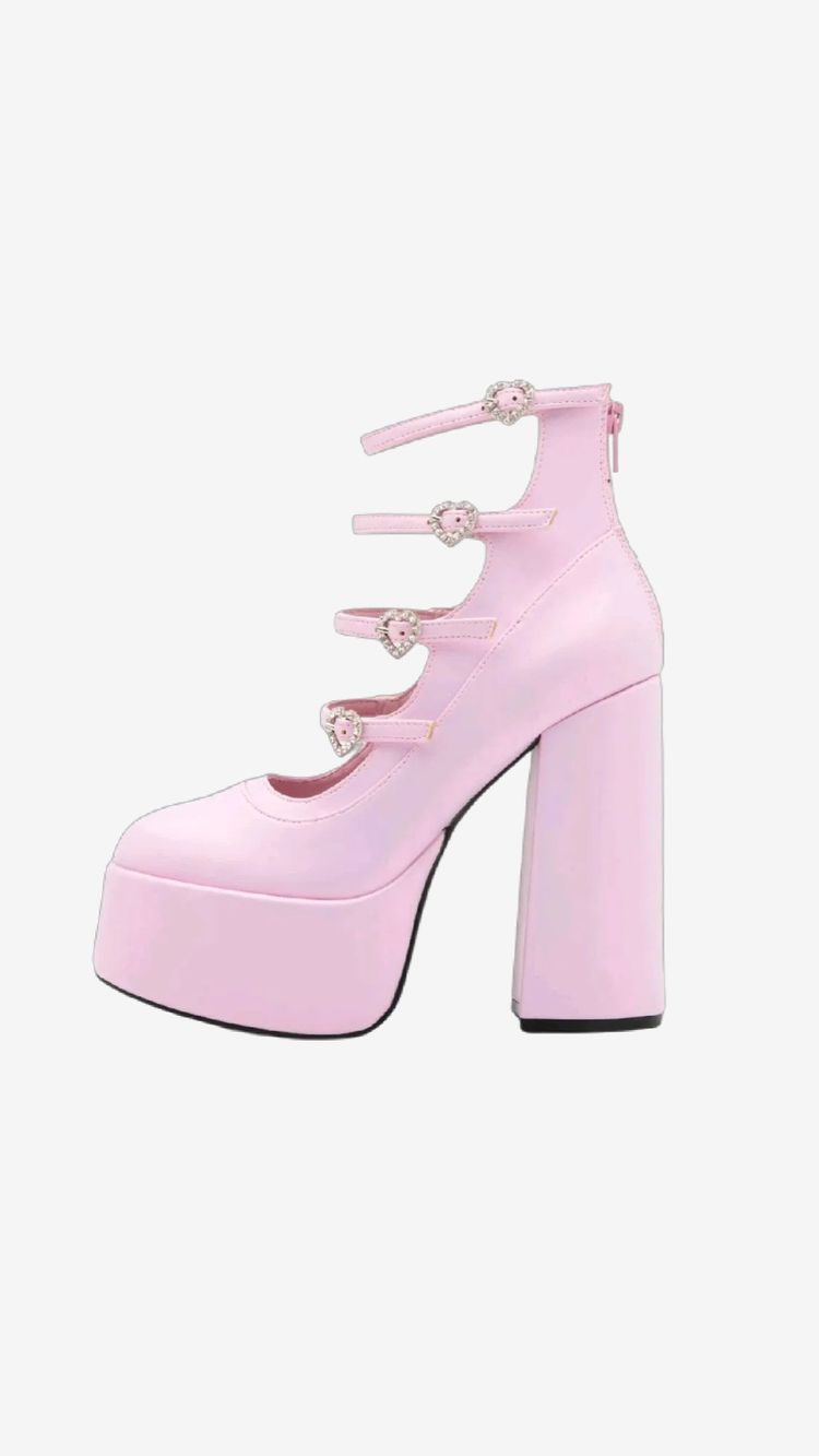 Pink Platform High Heel Shoes With Heart Buckles image 6