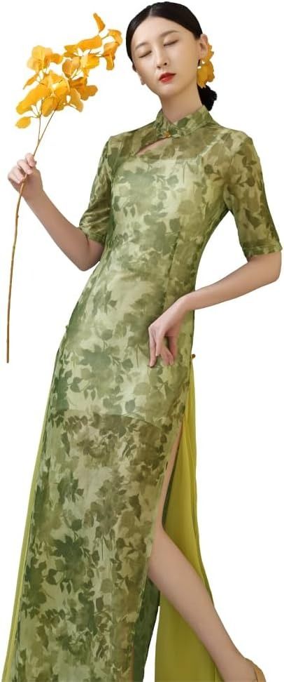 Green Floral Cheongsam Dress