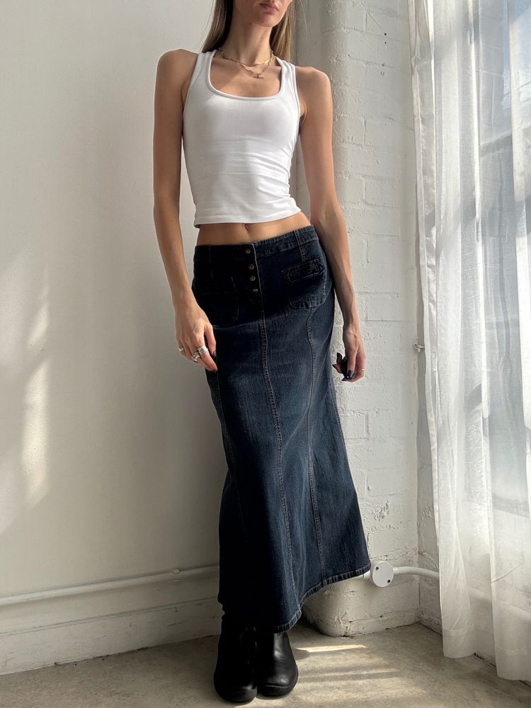 White Tank Top And Long Dark Denim Skirt