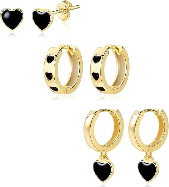 Set Gold Plated Earrings Set With Black Heart Details product image