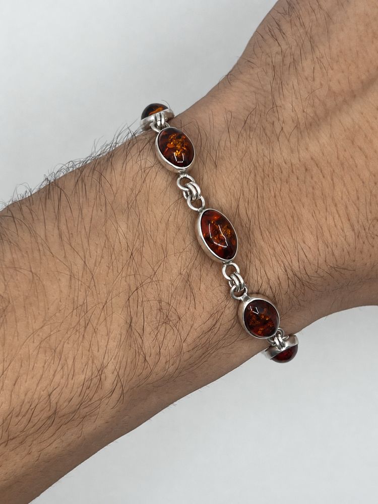 925 Sterling Silver Oval Amber Link Bracelet obraz 3