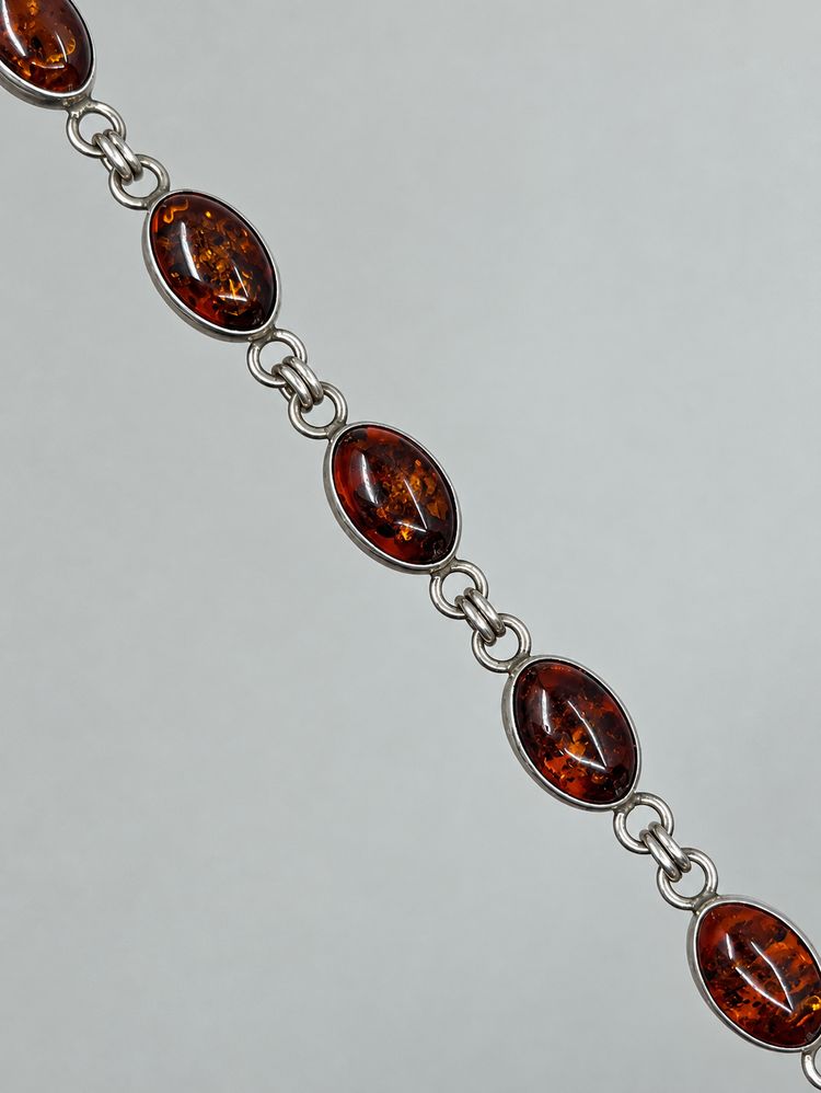 925 Sterling Silver Oval Amber Link Bracelet obraz 2