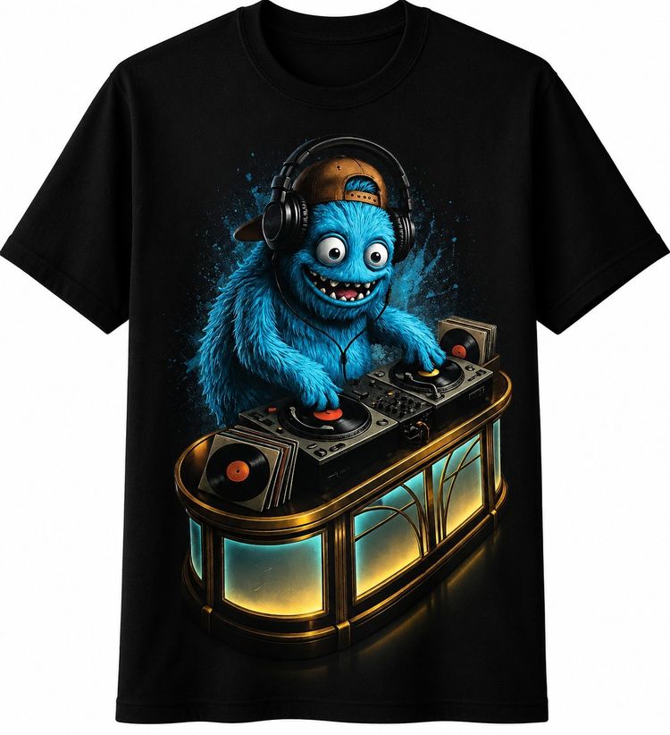 Black Graphic T-Shirt With Blue Monster Dj Print