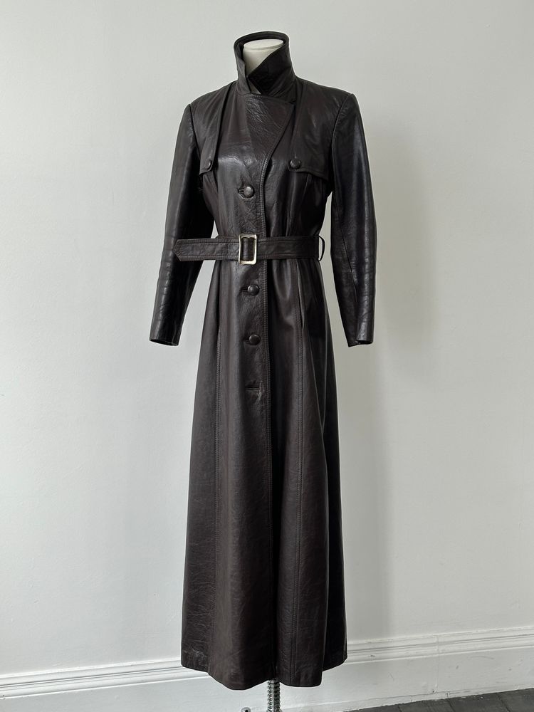 Vintage 1990s Leather Belted Floor Length Trench Coat - S image 1
