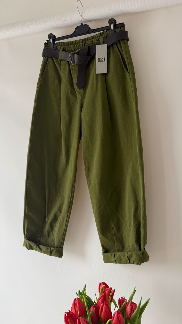 Spodnie bawełniane cotton włoskie khaki balony szerokie Nest Green Pants With Black Belt