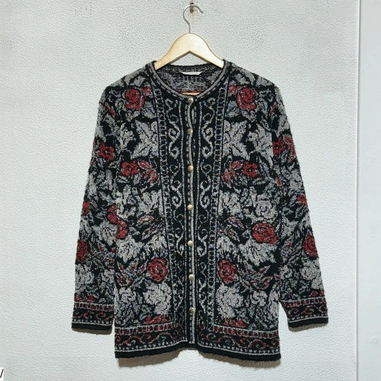 Unknown Vintage 80s Black Floral Patterned Knitted Cardigan product image