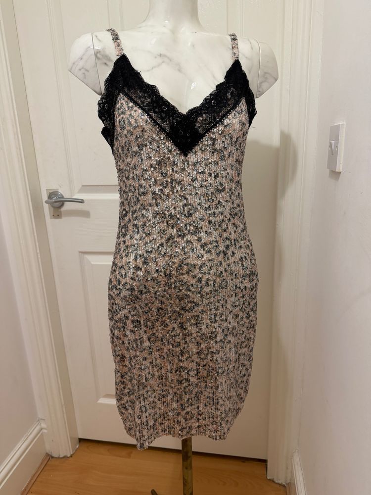 Sequin Leopard Print Dress With Black Lace Trim