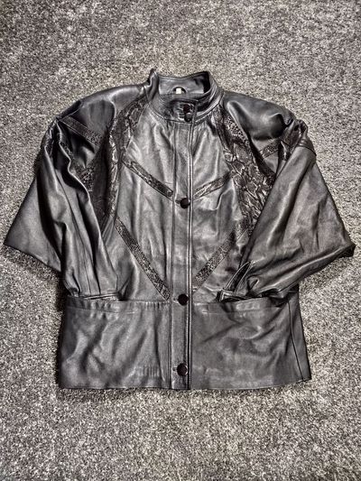 Vintage Genuine Leather Snake Pattern Coat – Black – Size 40