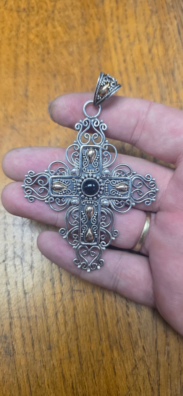 Ornate Cross Pendant 925 sterling silver inlay 14ct gold center ston Witby jet  image 1
