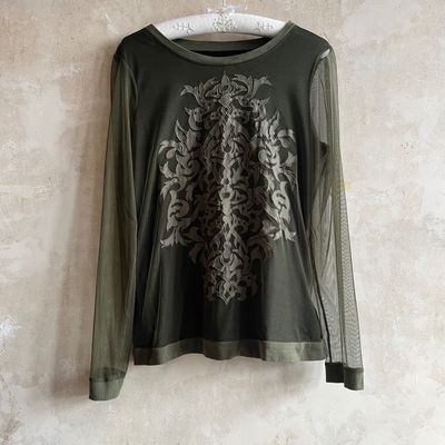 Green Long Sleeve Top With Mesh Sleeves And Decorative Front Design