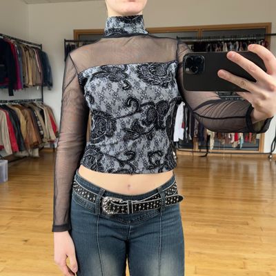Black Mesh Long Sleeve Top With Patterned Bodice