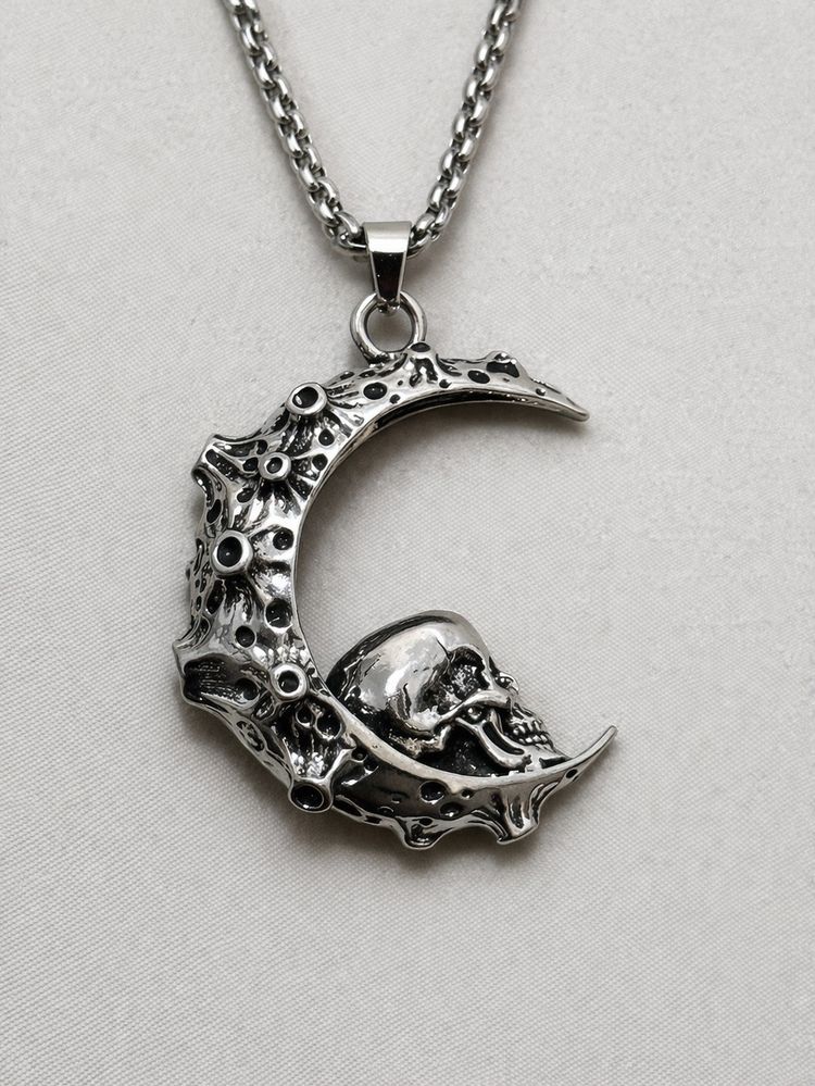 Other Silver Crescent Moon Skull Pendant Necklace product image