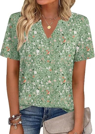 Green Floral Print V-Neck Short Sleeve Blouse