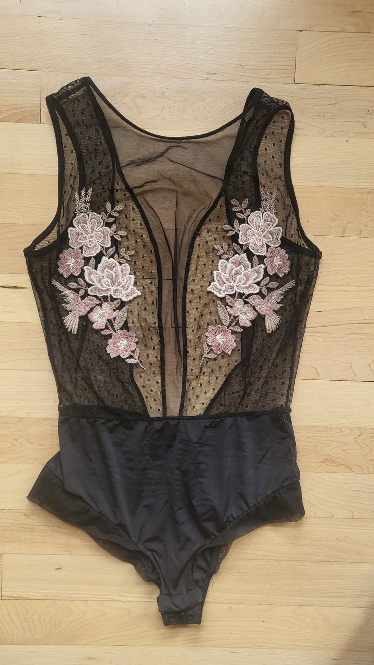 Black Sheer Bodysuit With Floral Embroidery