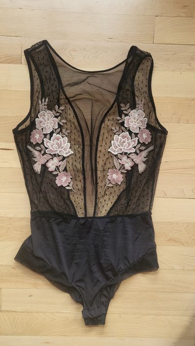 Black Sheer Bodysuit With Floral Embroidery