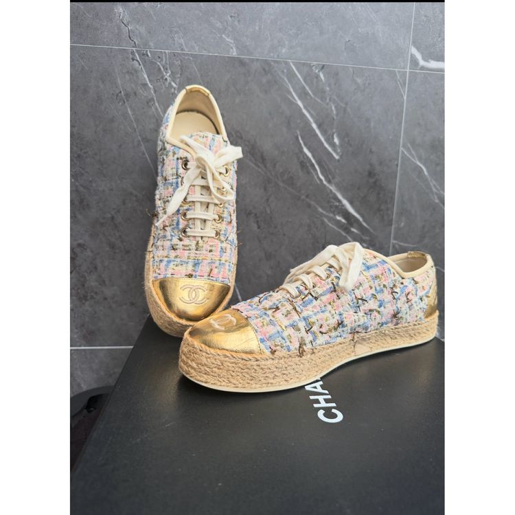 Chanel Multicolor Tweed & Gold Leather Espadrilles Sneakers image 8