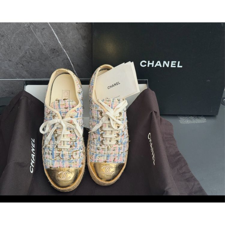 Chanel Multicolor Tweed & Gold Leather Espadrilles Sneakers image 5