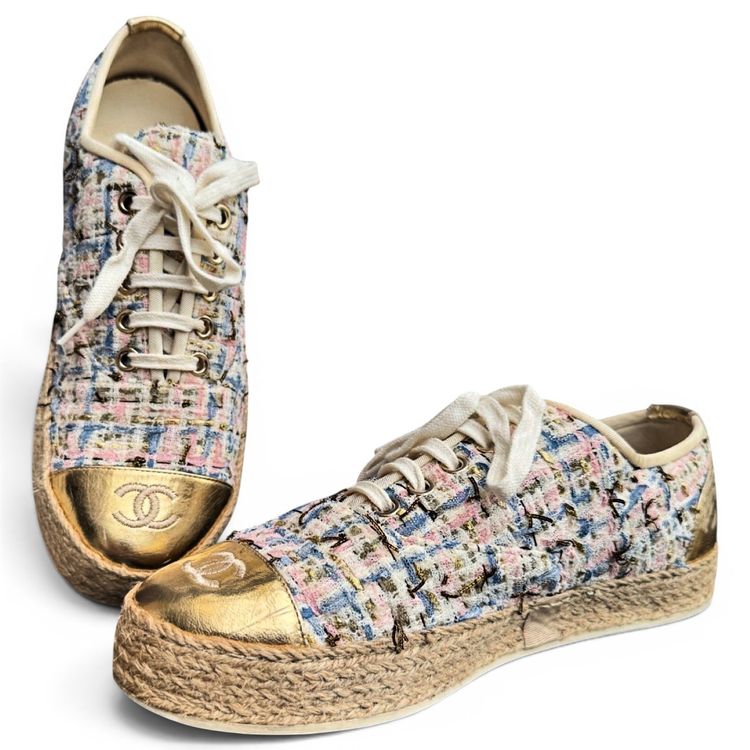 Chanel Multicolor Tweed & Gold Leather Espadrilles Sneakers image 1
