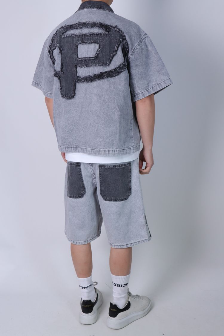 Grey Denim Short-Sleeve Jacket And Shorts Set