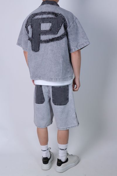 Grey Denim Short-Sleeve Jacket And Shorts Set
