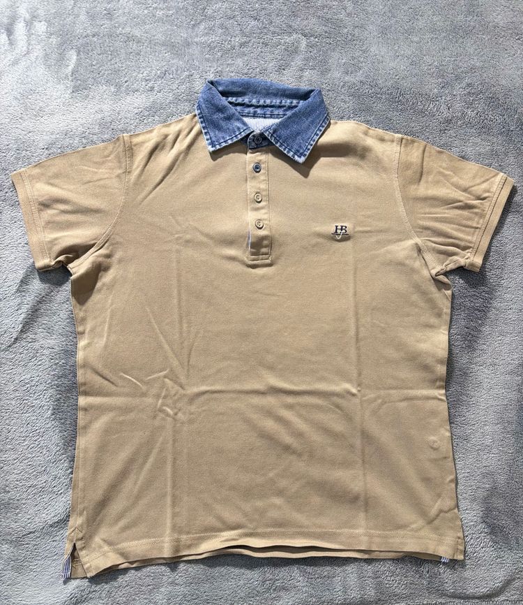 Beige Polo Shirt With Denim Collar image 1