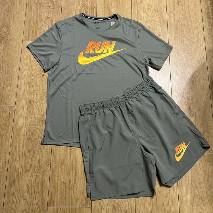 BNWT Nike Miler Rise Dri Fit T-Shirt Top & Shorts 2 Piece Set, M, Light Army