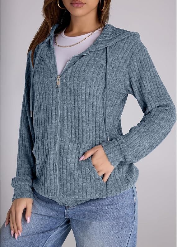 Blue Ribbed Zip-Up Hoodie image 1