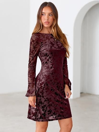 Burgundy Long Sleeve Velvet Dress image 1