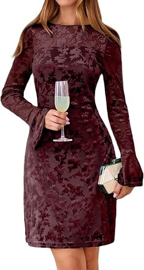 Burgundy Long Sleeve Velvet Dress image 3