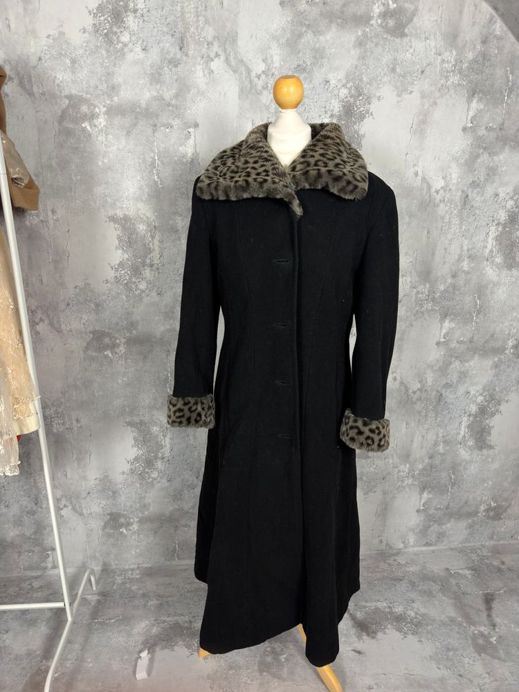 Wełniany Płaszcz Black Long Coat With Leopard Print Collar And Cuffs