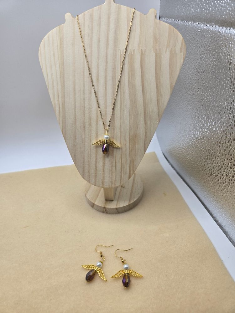 Guardian angelGold-Tone Necklace And Earrings Set With Purple Teardrop Stones image 1