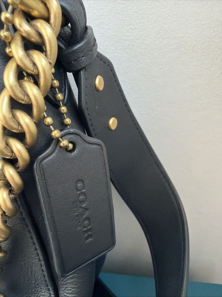 Coach Signature Chain Hobo Shoulder Leather Bag Black New 2 Straps image 2
