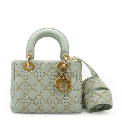 Borsa Mini Lady Dior Christian Dior in pelle borchiata Cannage azzurra
