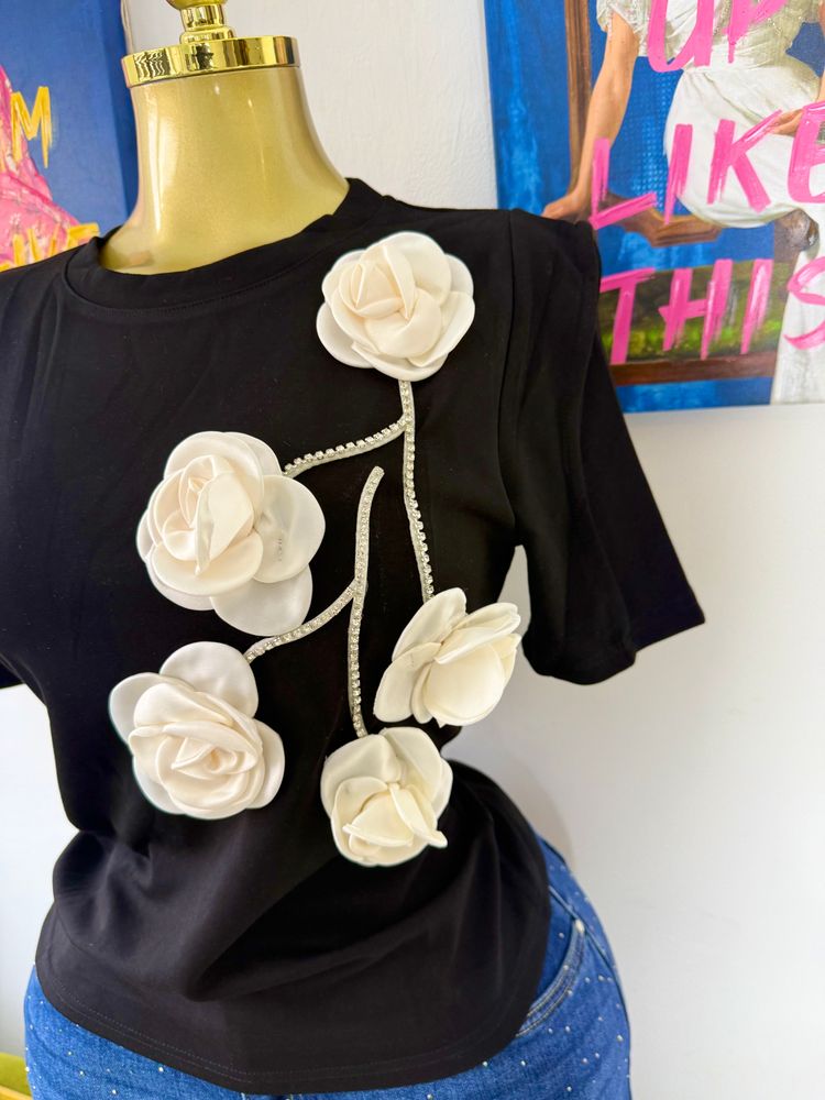 Black T-Shirt With White Floral Appliques