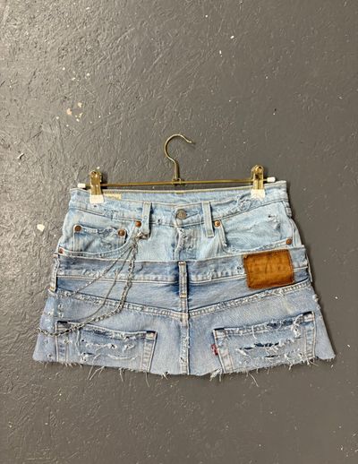 Chain Blue Distressed Double Denim Skirt